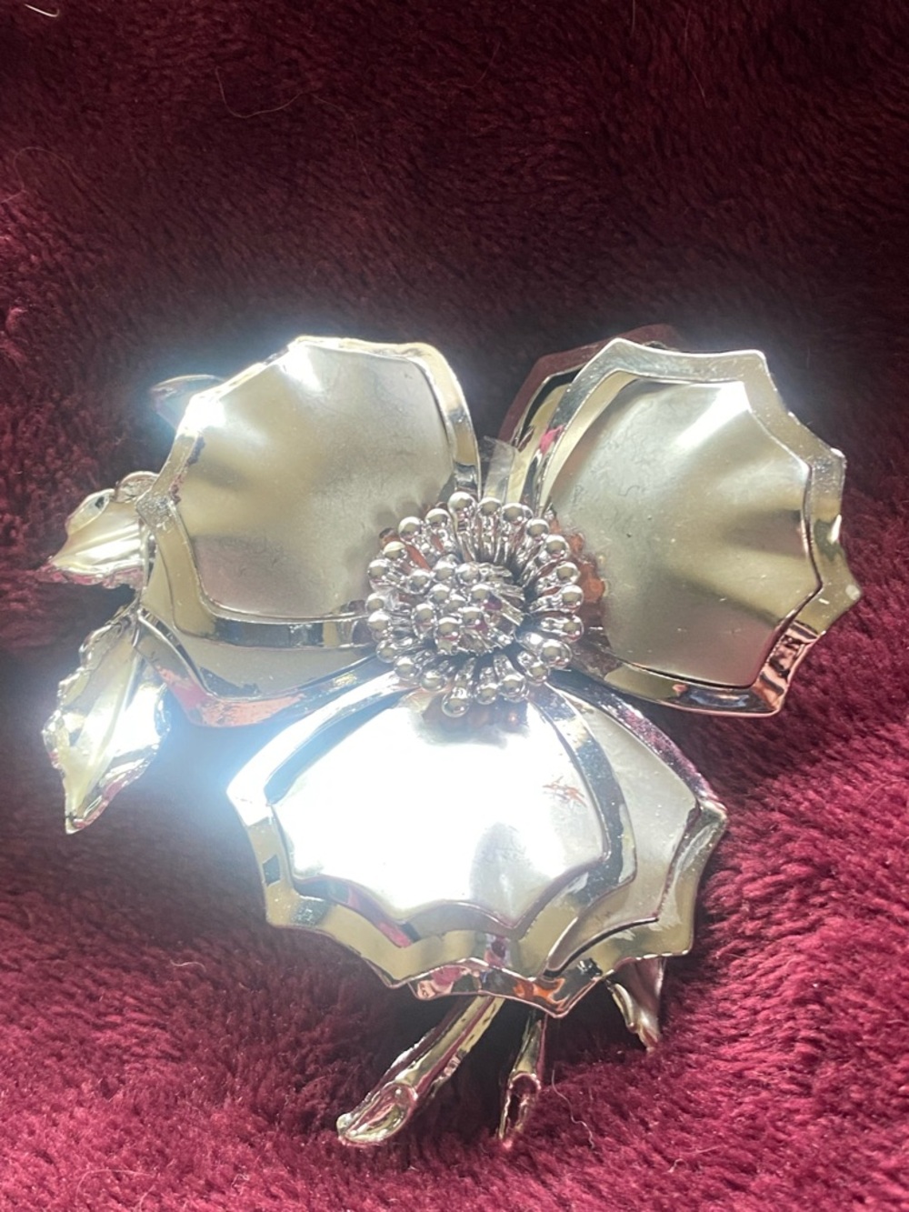 Silver Chrome Floral Brooch Pin Double Layered Petals- Women's Accessory